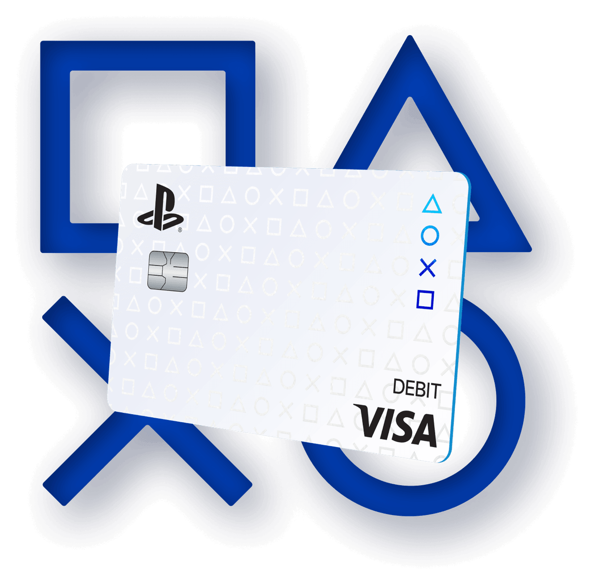The Playstation Debit Card in front of the iconic playtstation shapes